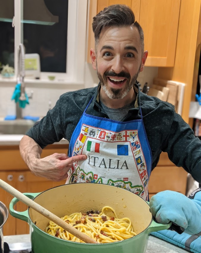 Rand finishes a near-perfect batch of Spaghetti alla Carbonara during quarantine, 2021